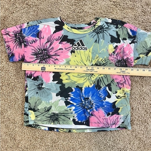 Adidas Floral Crop Top Loose Fit‎ T Shirt Colorful Girls Size Large 14 Hibiscus - Picture 4 of 7